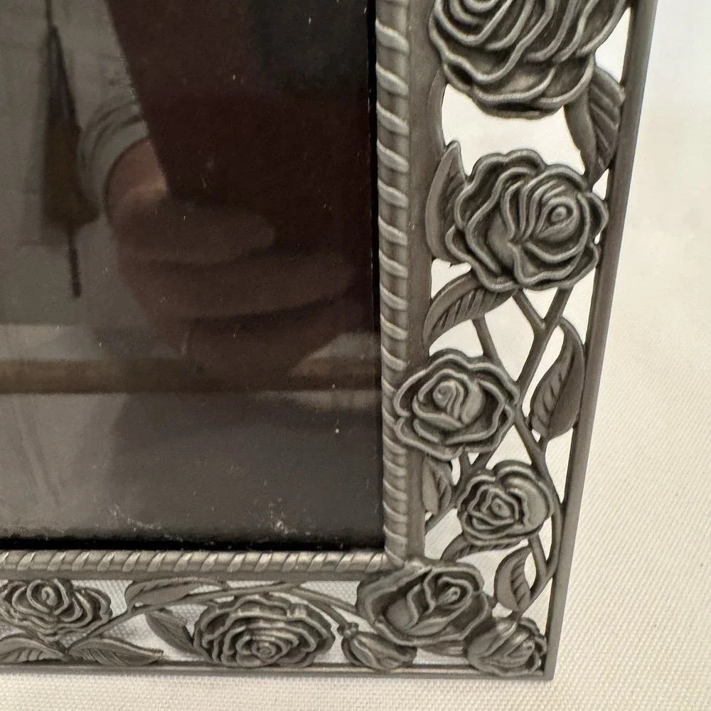 Vintage Silver Filigree Metal 7x9 Photo Frame Floral Ornate Wedding Decor VTG